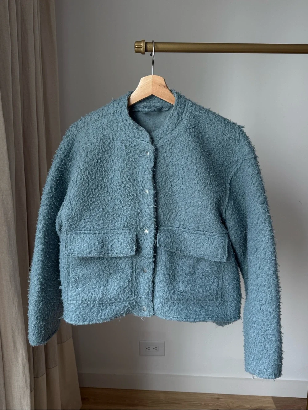 Zara Kids Bouclé Pocket Bomber Jacket Blue 11-12Y